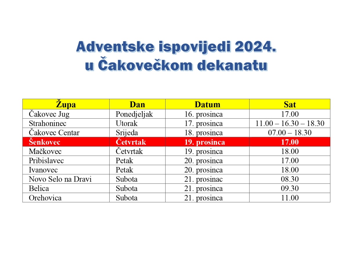 Raspored adventskih ispovijedi 2024.