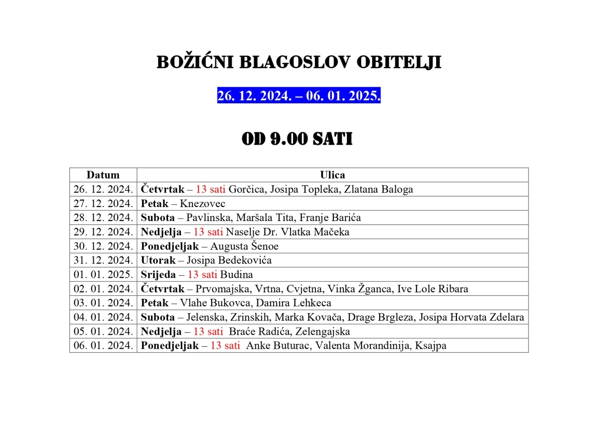 Raspored blagoslova obitelji 2024. godine